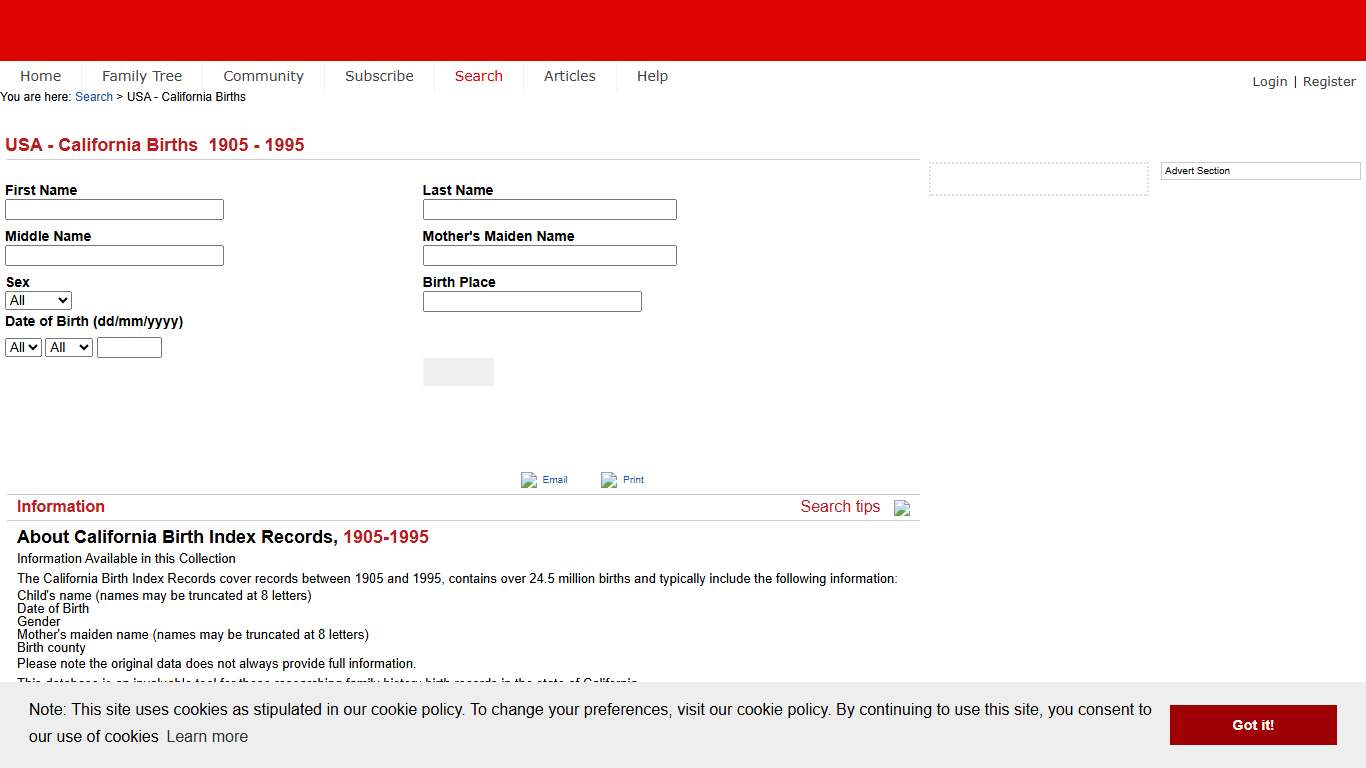 FamilyRelatives.com | Search California Birth Record Index on Familyrelatives.com